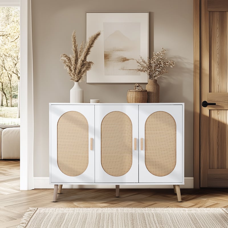 3-Door Shoe Cabinet with White Frame and Oval Rattan Surface Perfect for Home Entry Storage - 44.49"L × 15.75"W × 32.87"H