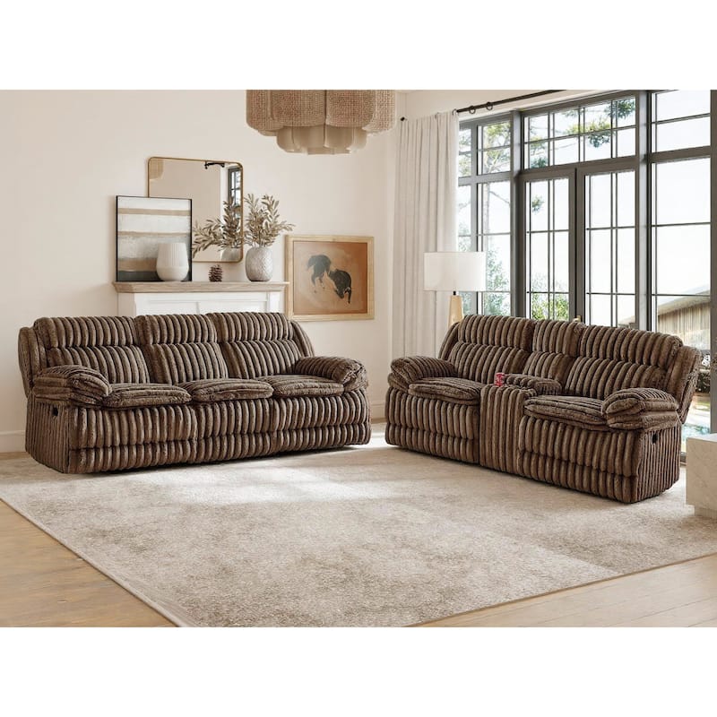 Roundhill Furniture Ardello 2-Piece Reclining Sofa Set, Corduroy Upholstery with Built-In Power Center, Chocolate