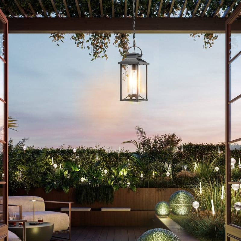 Black Outdoor Pendant Light - Waterproof Hanging Lantern for Porch, Patio & Gazebo, Ribbed Glass (1 Pack)