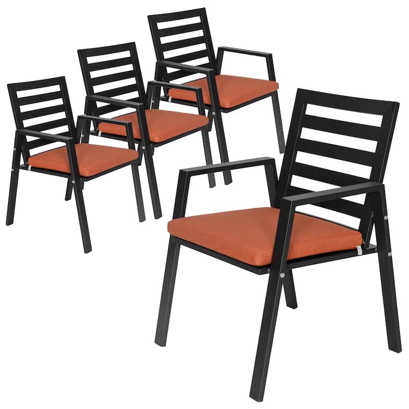 LeisureMod Chelsea Patio Dining Armchair in Aluminum with Cushions Set of 4 - 34.84 - Orange