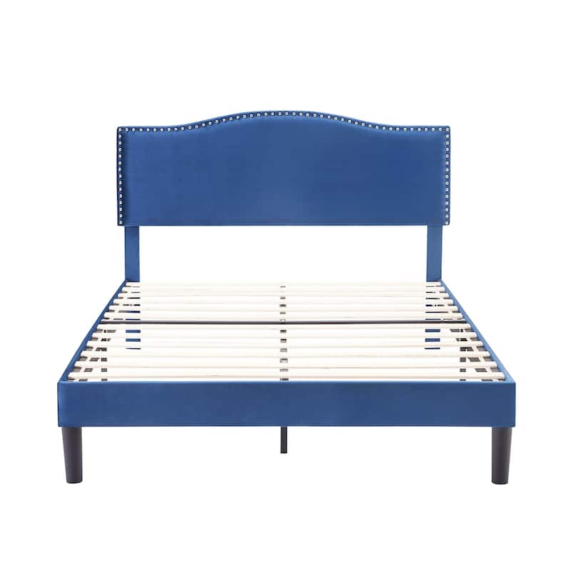 VECELO, Upholstered Platform Bed Frame with Nailhead Headboard Twin Full Queen Size Bed-Blue