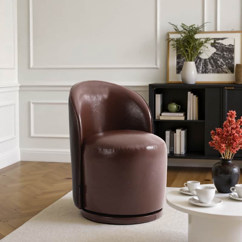 Modern Armless 360-Degree Swivel Dining Chair Barrel Chair - SINGLE - RED BROWN LEATHER