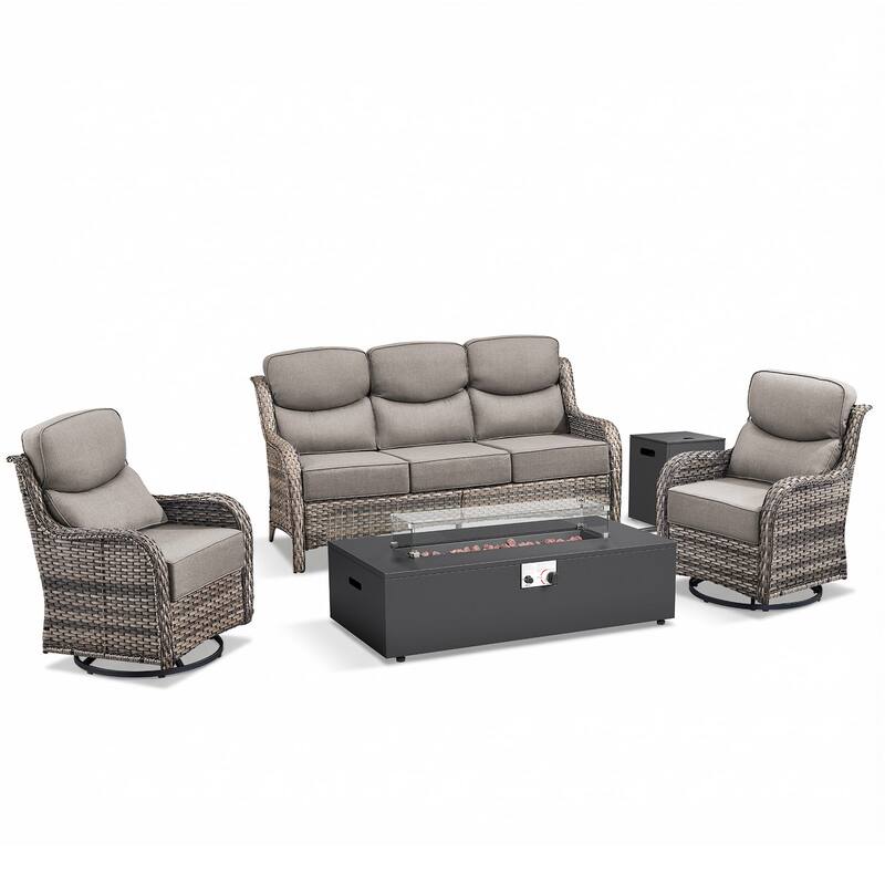 Pocassy 43 In Fire Pit w/ Outdoor Sofa Swivel Chair Ottoman Set