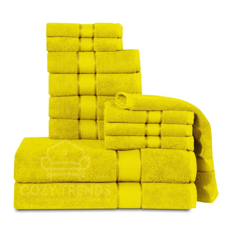 12 Piece Towel Set 600 GSM Long-Staple Combed Cotton Absorbent Bath Towels - Yellow