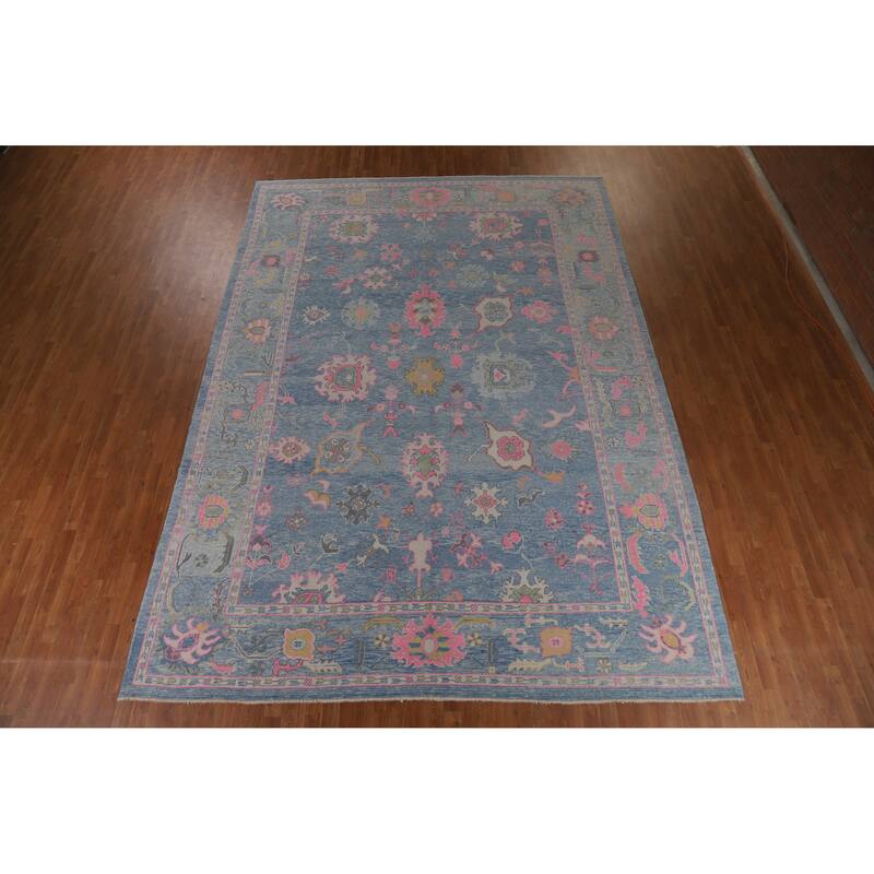 Hand Knotted Oriental 100% Wool Carpet Transitional All-Over Navy Blue & Blues Oushak Area Rug - 14' 0'' X 10' 1''
