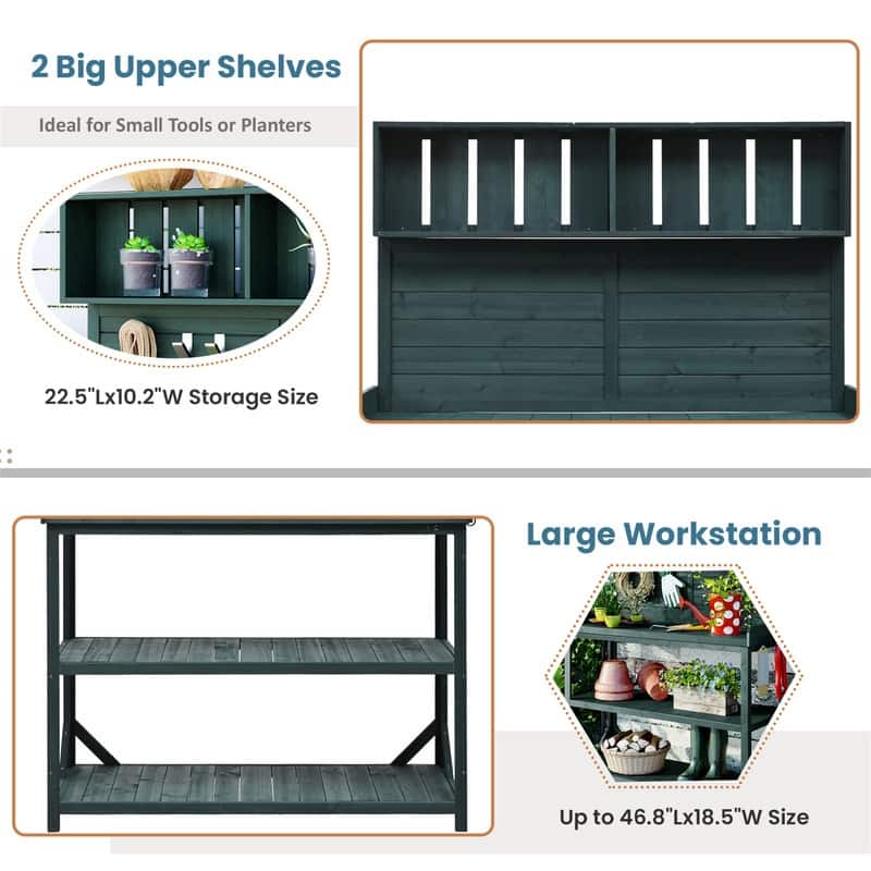 Large Wooden Outdoor Potting Bench Table, Patio Workstation, Garden Potting Bench with 4 Storage Shelves and Side Hook