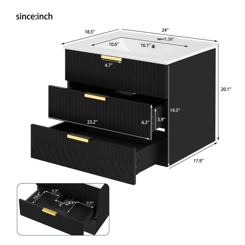 24-inch Wall-Mounted Floating Cabinet with Double Drawer, Rectangular Vanity Sink