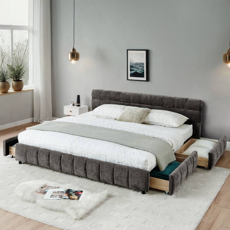 Roomfitters California King Upholstered Platform Bed with Storage, Chenille Fabric Frame with Headboard - Dark Gray - King