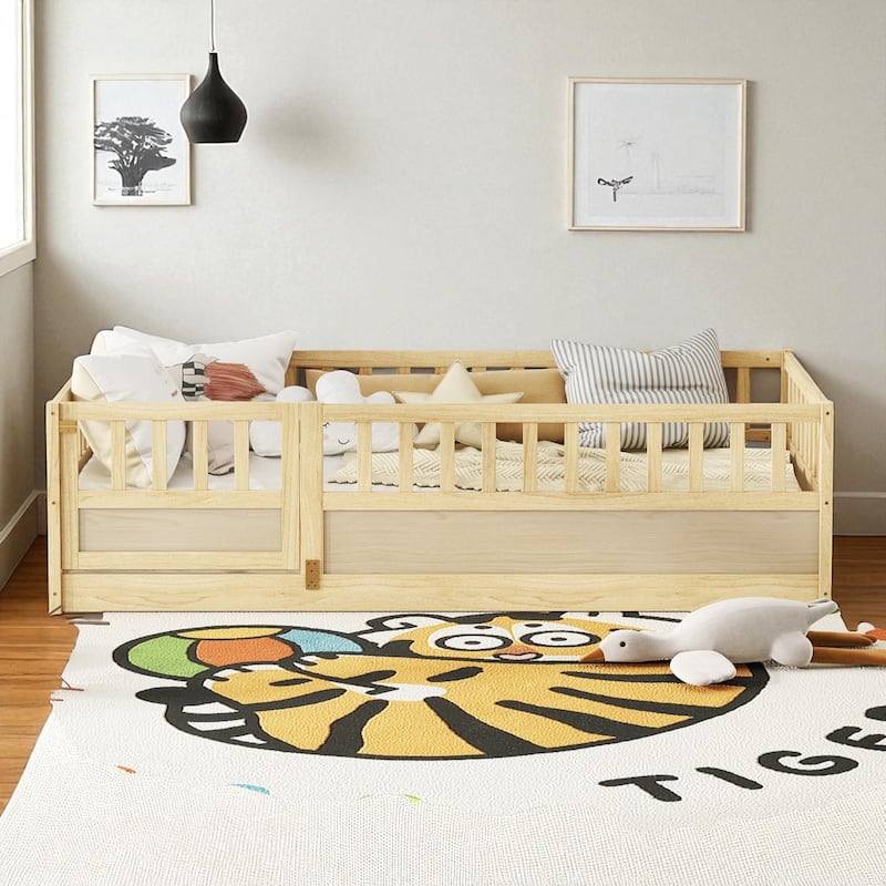 Montessori Twin/Full Size Wooden Floor Bed with Safety Fence and Door, Low Platform Bed Frame for Kids Toddlers