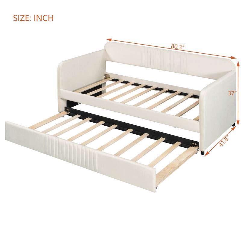 Twin Size Upholstered Daybed Sofa Bed with Trundle and Wood Slat, Light Blue/Beige/Gray