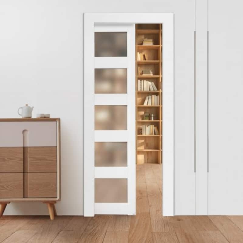 White Wood MDF Sliding Pocket Door with Frosted Glass Panels