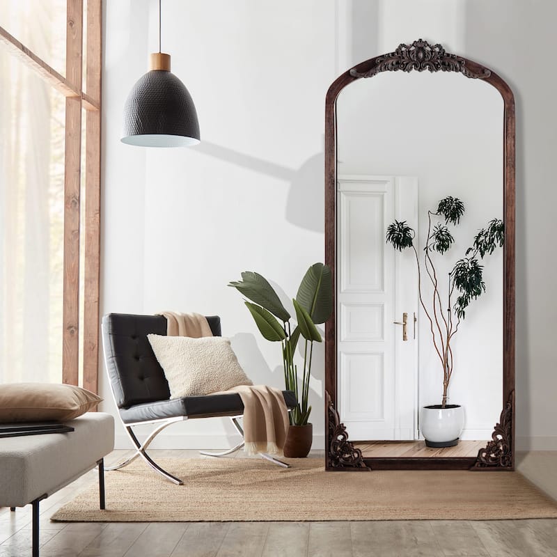 Arched Full-Length Solid Wood Carving Floor Mirror - 67*28 - Dark Brown