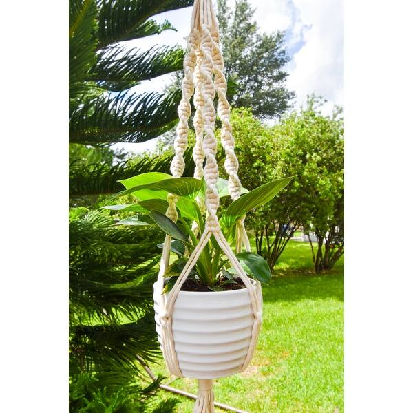 slide 1 of 8, Handmade Cotton Macrame Artisan Pot Hanger in Natural Beige