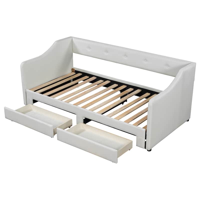 Twin XL to King Size Linen Fabric Daybed, Pull Out Upholstered Platform Sofa Bedframe with 2 Drawers, Wood Slats Support