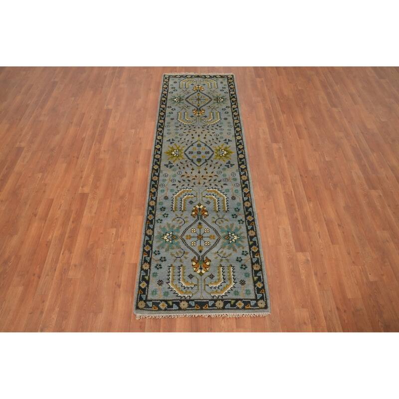 Hand Knotted Oriental 100% Wool Carpet Transitional All-Over Greys & Charcoal Oushak Runner Rug - 7' 11'' X 2' 6''