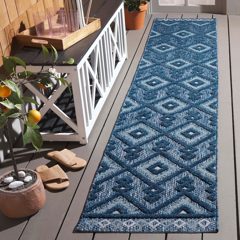 SAFAVIEH Santorini Annigje Indoor/Outdoor Rug - 2' x 10' Runner - 2' x 10' Runner - Navy/Ivory