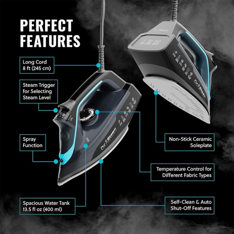 Pursteam SteamBurst+ 1750W Steam Iron, Ceramic Soleplate, Adjustable Steam, Powerful and Long-Lasting Steam for All Fabric
