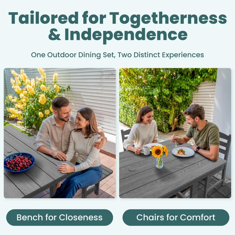 Gray 5/6-Piece HDPE Patio Dining Set with Rectangular Table & Bench