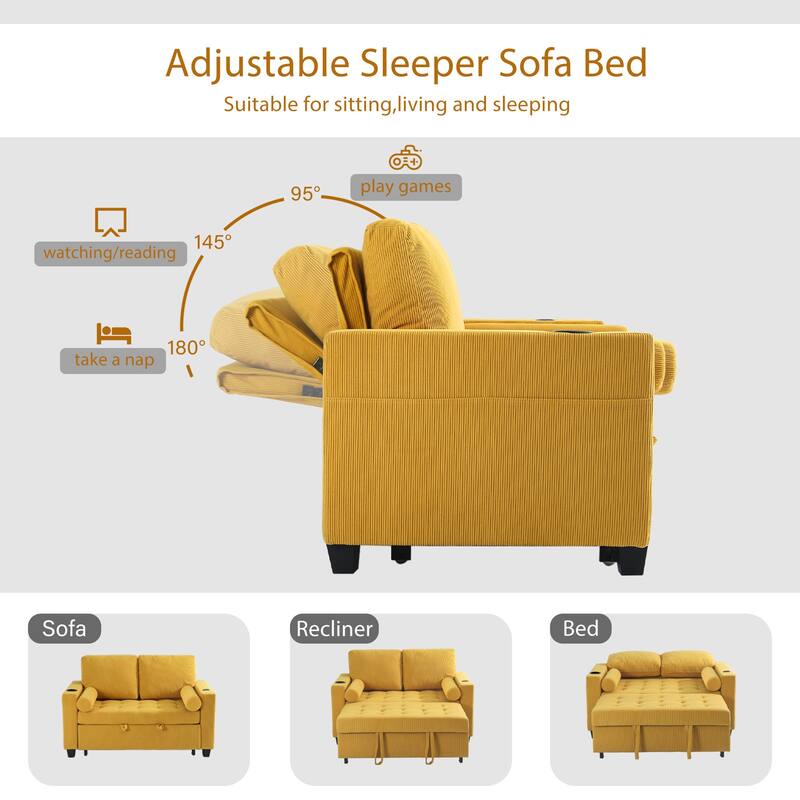 Set of 2 Corduroy Convertible Sleeper Chairs Pull-Out Chair Beds with Adjustable Recline