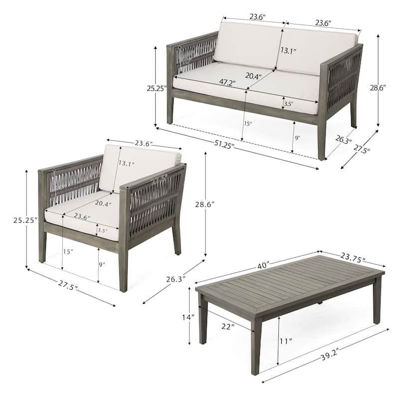 4-Pieces Acacia Wood Patio Furniture Set, Outdoor Coffee Table Conversation Set Deep Seating w/ Soft Cushion
