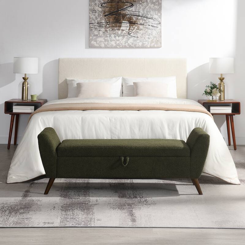 60"Modern Storage Bench with Mid-Centruy Wood Legs,Bench with Storage for Living Room & Bedroom,Comfort Padded - Olive Green
