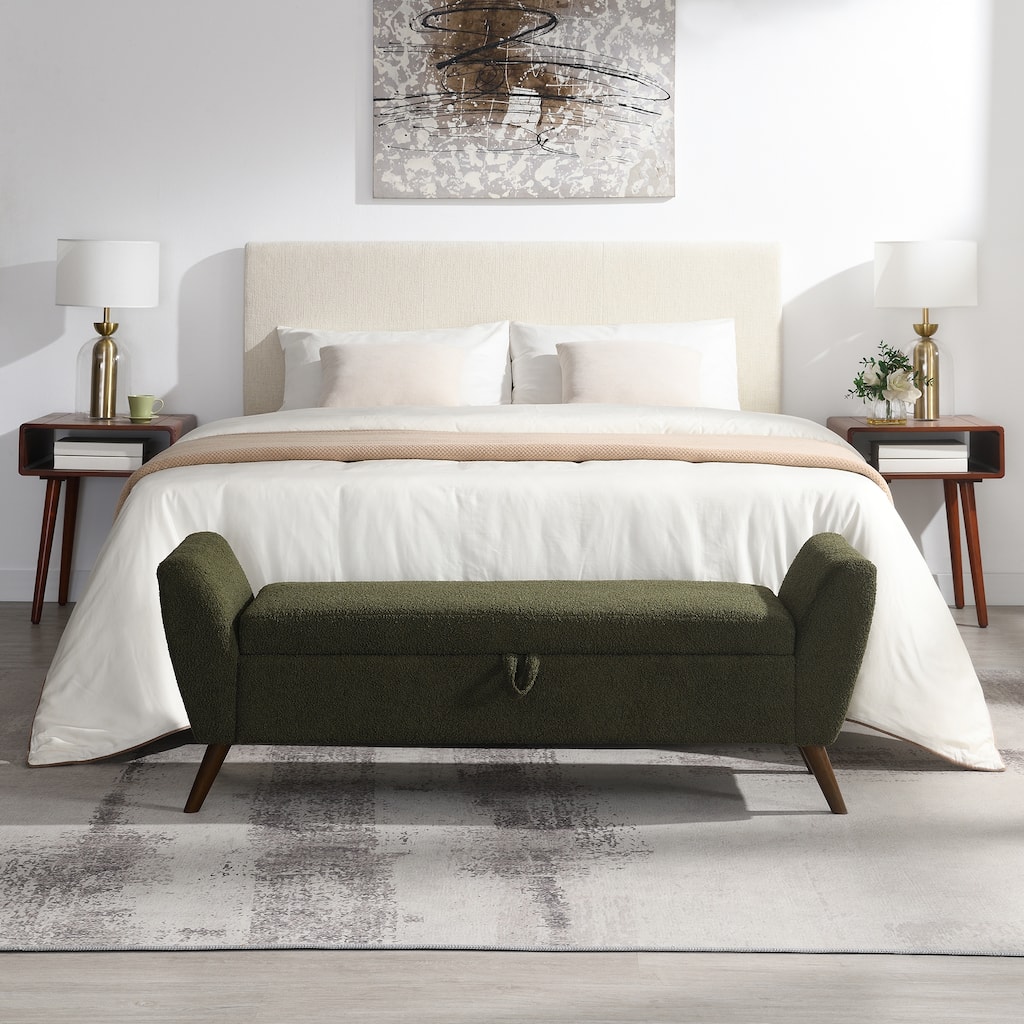 60"Modern Storage Bench with Mid-Centruy Wood Legs,Bench with Storage for Living Room & Bedroom,Comfort Padded