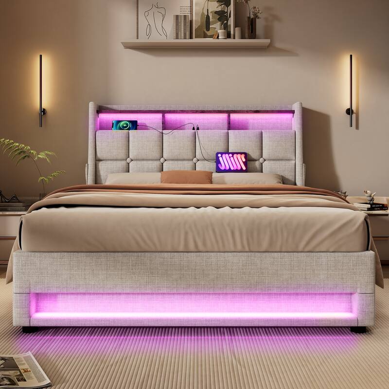 Roomfitters Full Size Upholstered Platform Bed with Storage System, USB Charging Ports