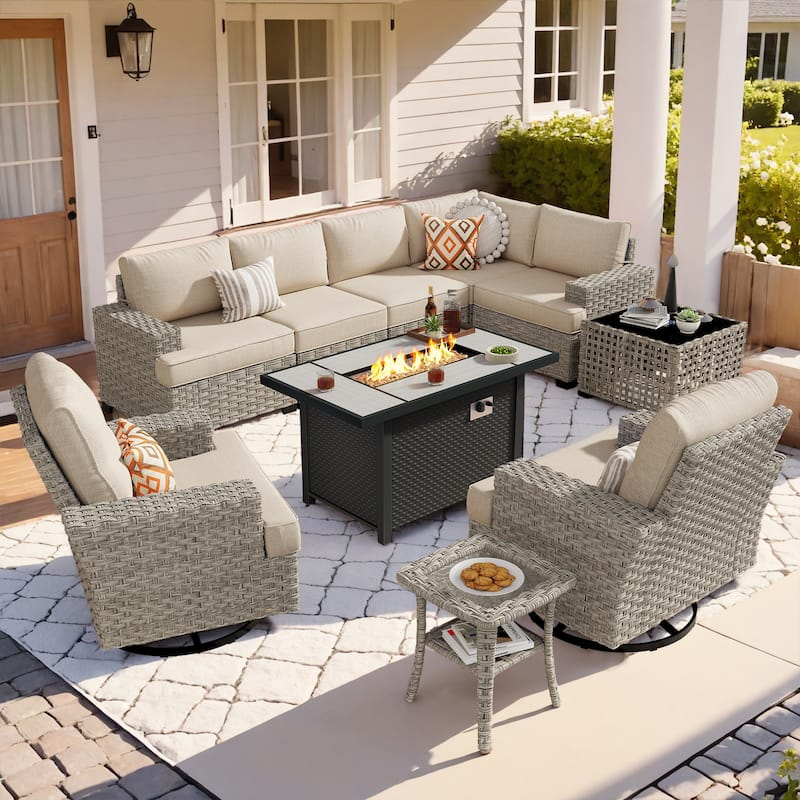OVIOS 10 Pieces T shaped Seat Wide Armrest Swivel Chair Set With Fire Pit - Beige