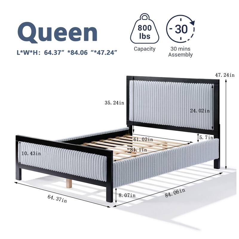 Queen Upholstered Platform Bed with Soft Headboard, Grey and Black Frame