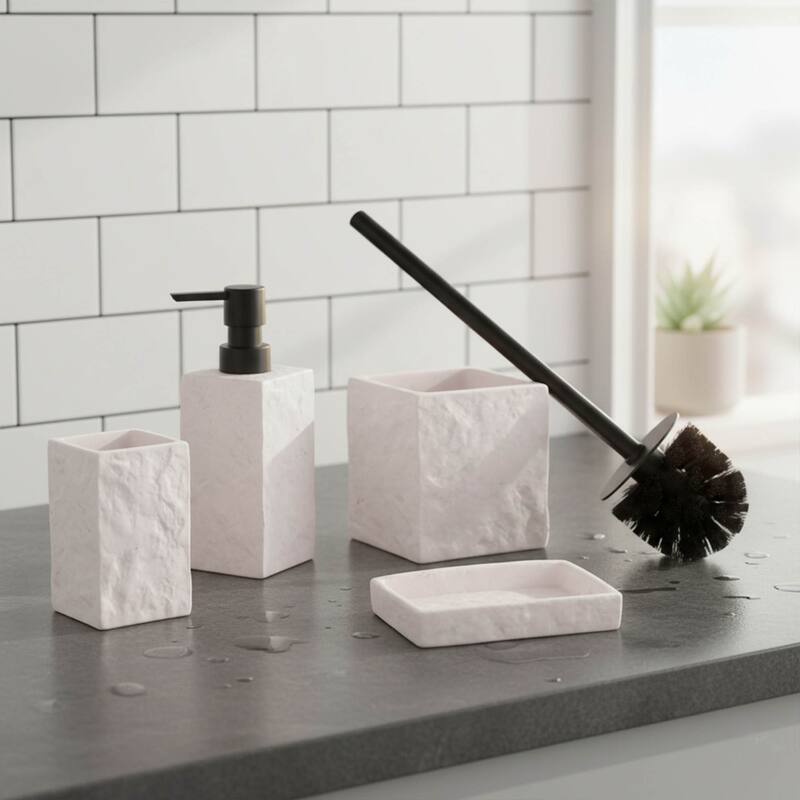 Collection Stone Effect Bath Accessory Set-4 pieces - Full Set 4 Pieces - White