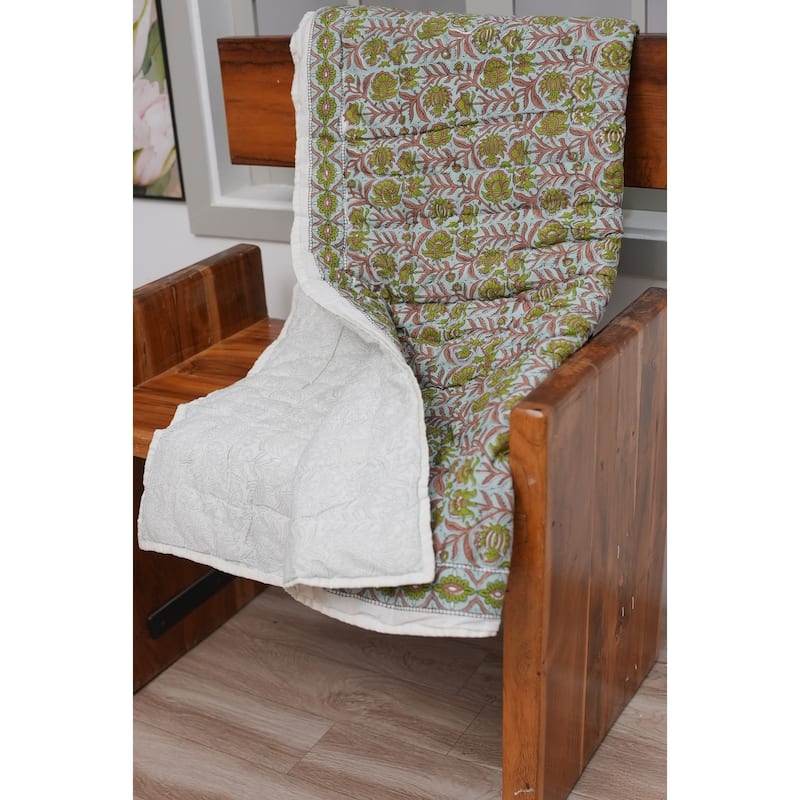 Fabdivine Hand Block Print Eco-Friendly Cotton Quilt Jaipuri Jaal Green Brown, Decorative Cotton Bedspread for Home & Bedroom