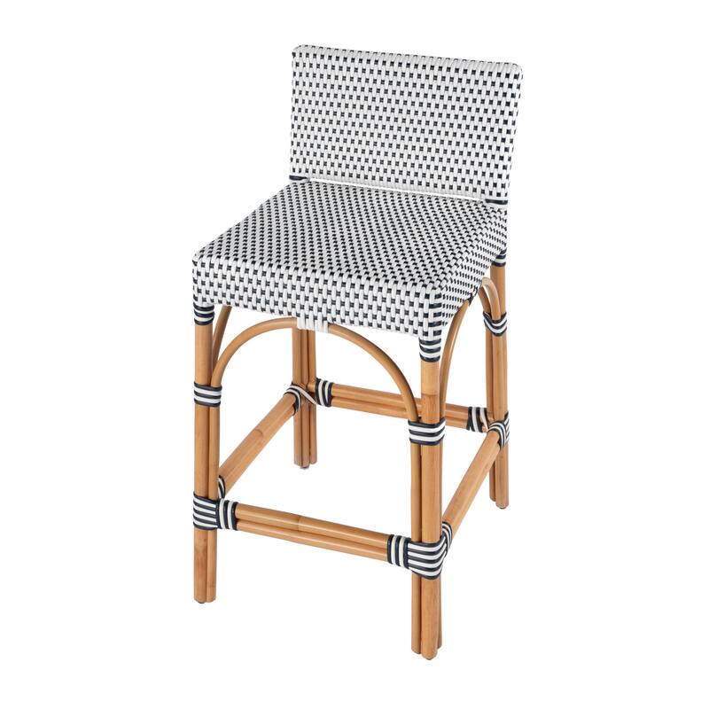 Serienna 24.5"H Seat Rattan Low Back Counter Stool - White/Navy Dot
