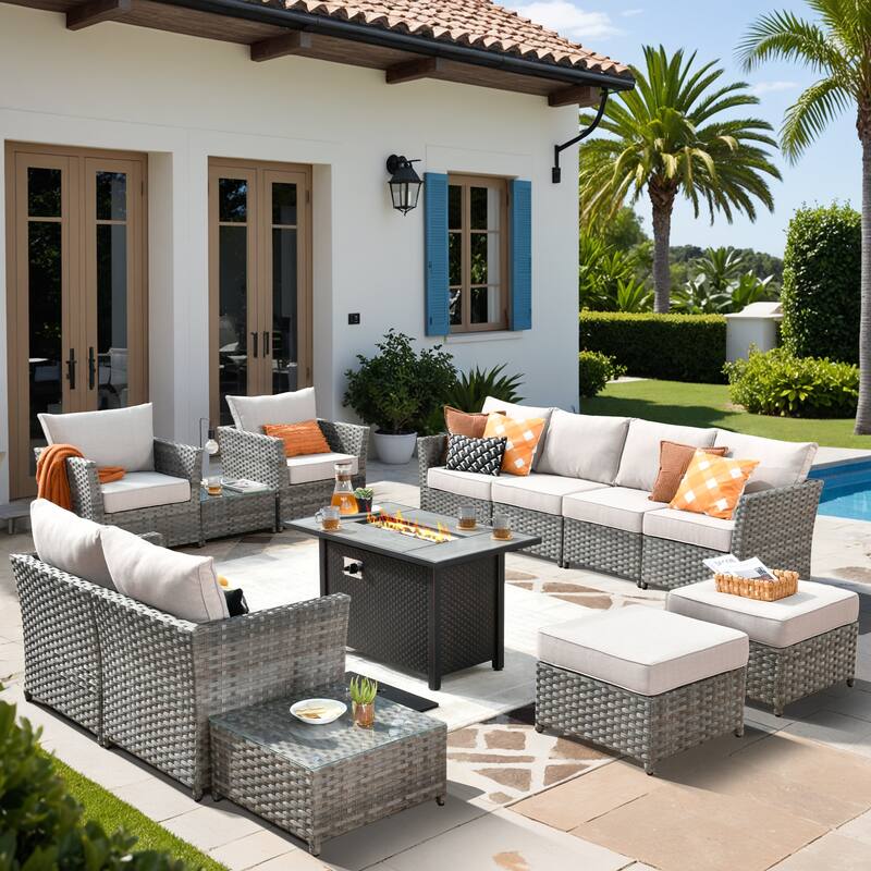 XIZZI 13-piece Outdoor Patio Wicker Furniture Set with Fire Table - Beige