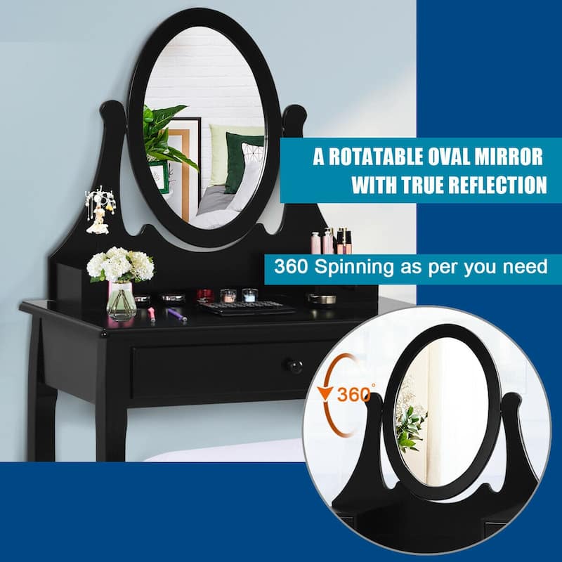 Gymax Bedroom Wooden Mirrored Makeup Vanity Set w/Stool Black