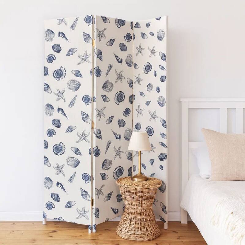 71 Inch 3 Panel Fabric Room Divider with Seashell Print, Blue