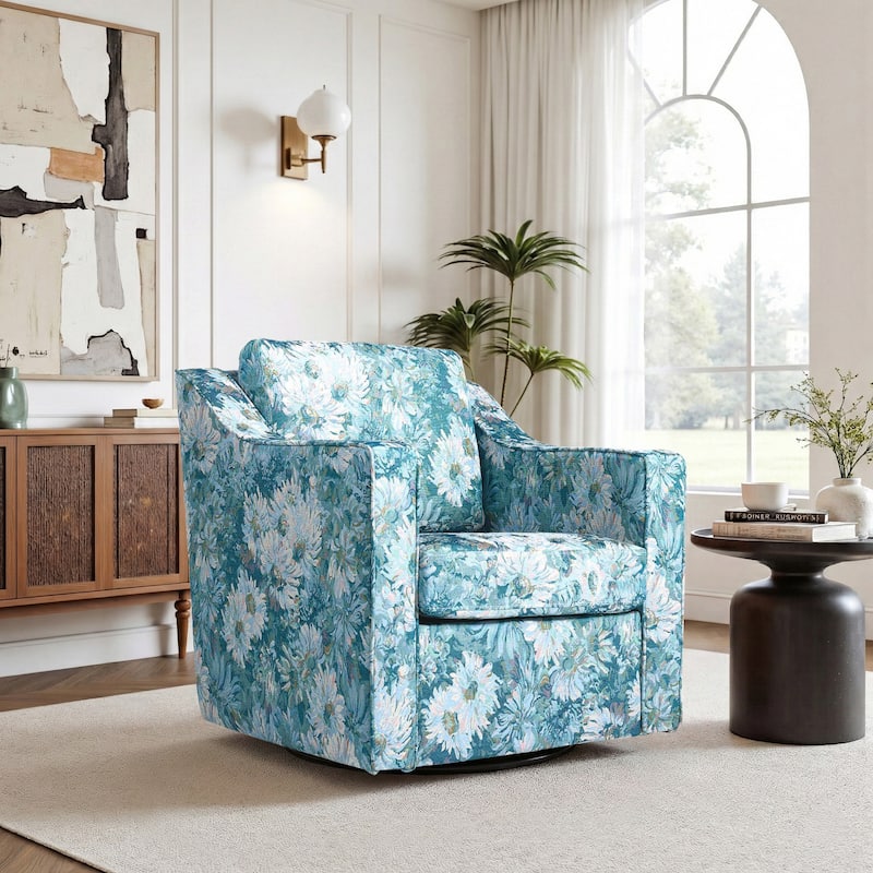 Patterned Linen Swivel Armchair Floral Accent Chair for Living Room - Cyan Blooms