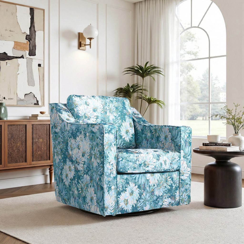 Patterned Linen Swivel Armchair Floral Accent Chair for Living Room