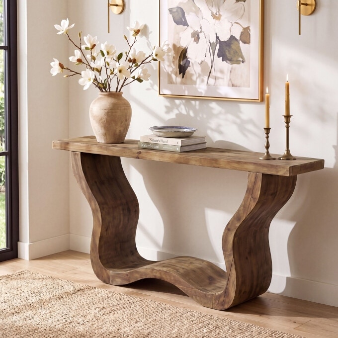 55" Solid Wood Entryway Console Table with Wave-Shaped Base