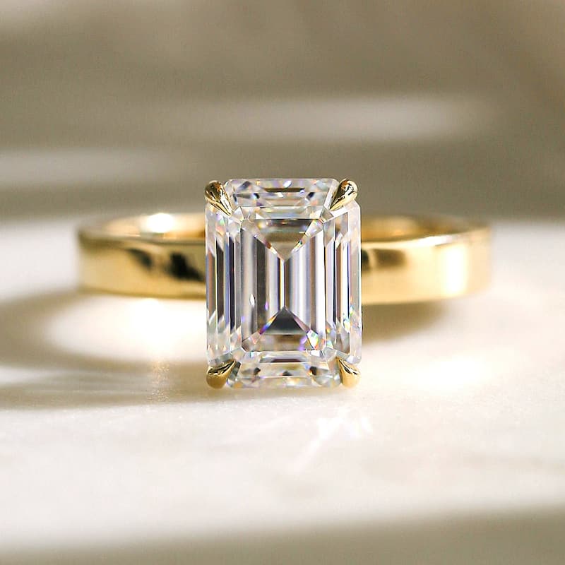Kobelli 3 Carat Lab Grown Diamond Certified 14k Solid Gold Emerald-cut 3mm Plain Cigar Band Havana Engagement Ring (EF/VS)