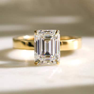 Kobelli 3 Carat Lab Grown Diamond Certified 14k Solid Gold Emerald-cut 3mm Plain Cigar Band Havana Engagement Ring (EF/VS)