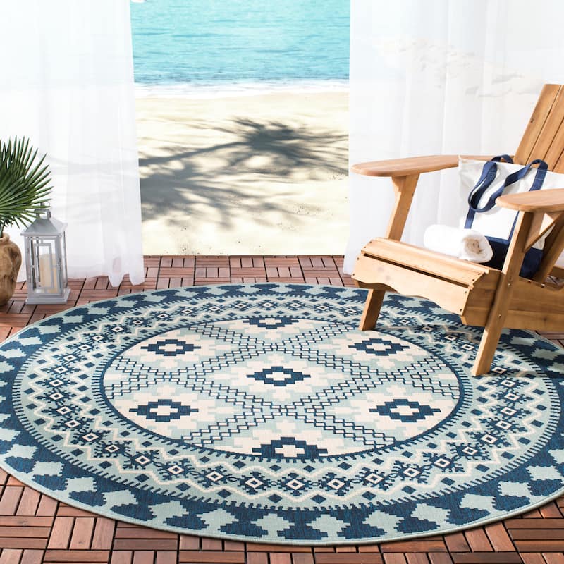 SAFAVIEH Veranda Eyvor Indoor/ Outdoor Waterproof Patio Backyard Rug - 6'7" Round - Ivory/Blue