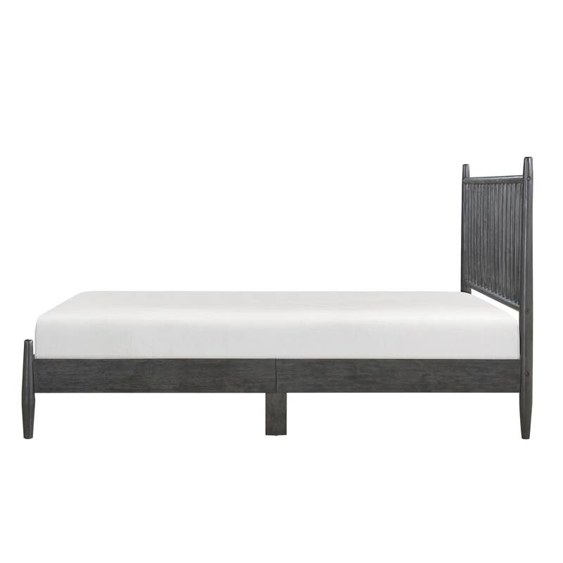 Mid-Century Modern Full Platform Bed with Vertical Slats Headboard, Gray Finish, No Box Spring Needed