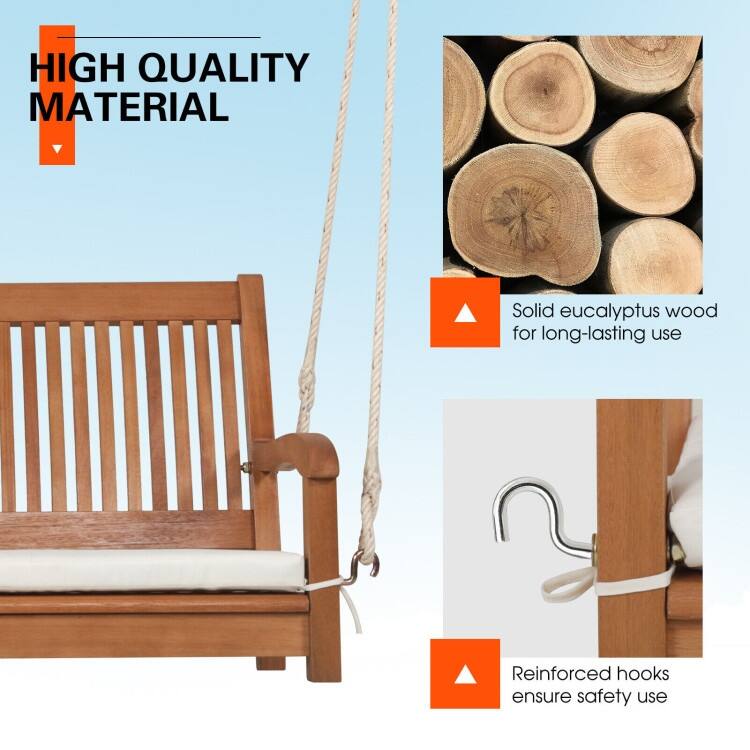 2-Person Hanging Porch Swing Wood Bench with Cushion Curved Back - 54.5" x 24.5" x 23.5"(L x W x H)