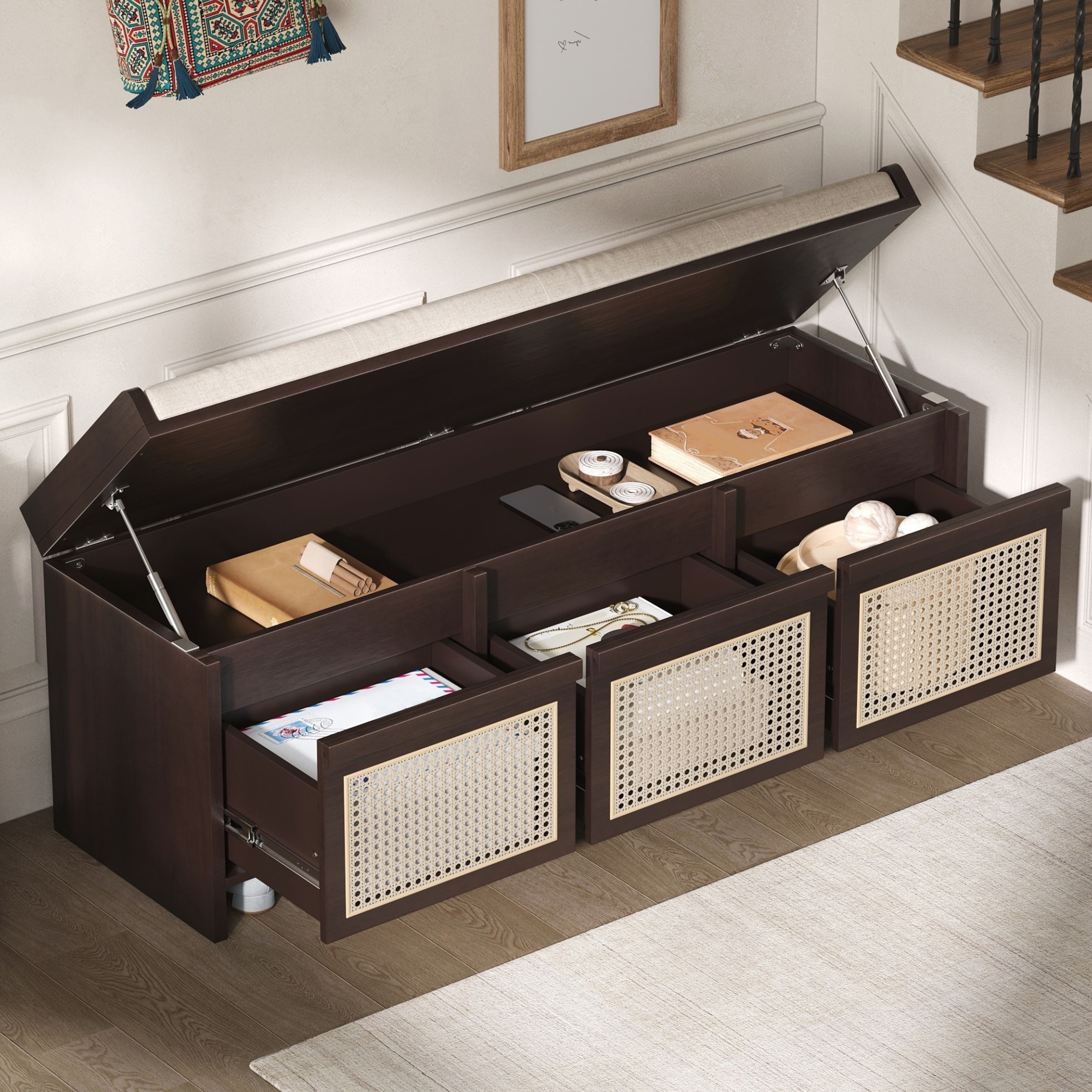 Entryway Shoe Bench, Retro Storage Bench with Rattan Drawers & Removable Button‑Tufted Upholstered Cushion for Living Room