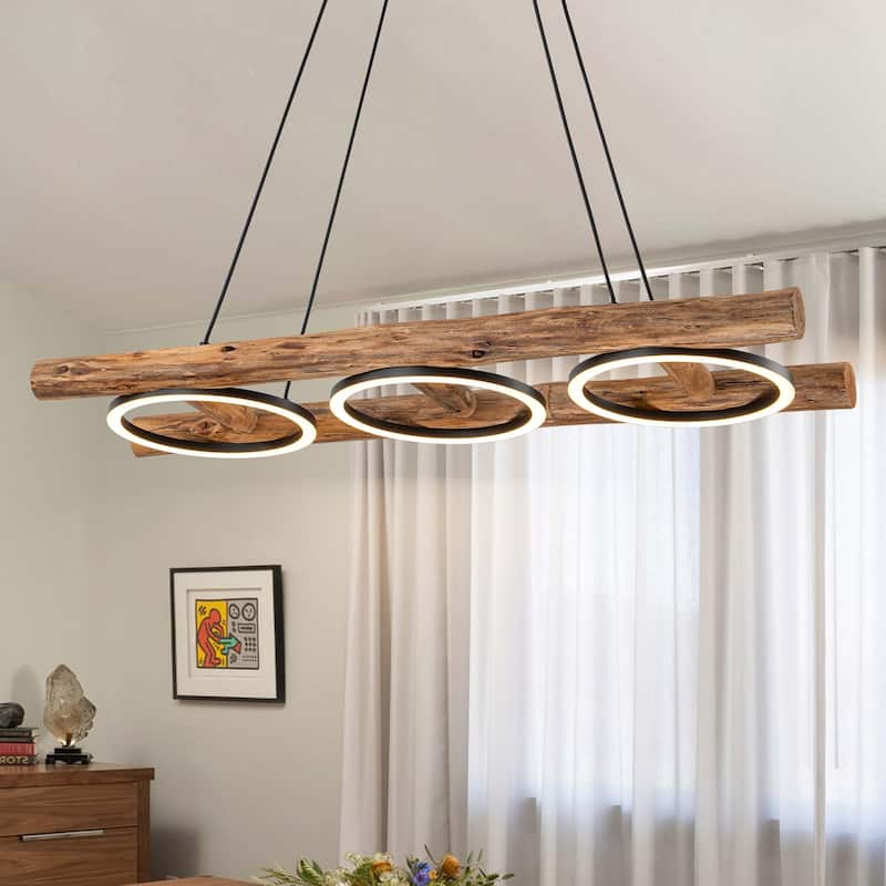 Rustic Wooden Dimmable Integrated LED Linear Pendant Light Adjustable Kitchen Island Lights - W 43.3"