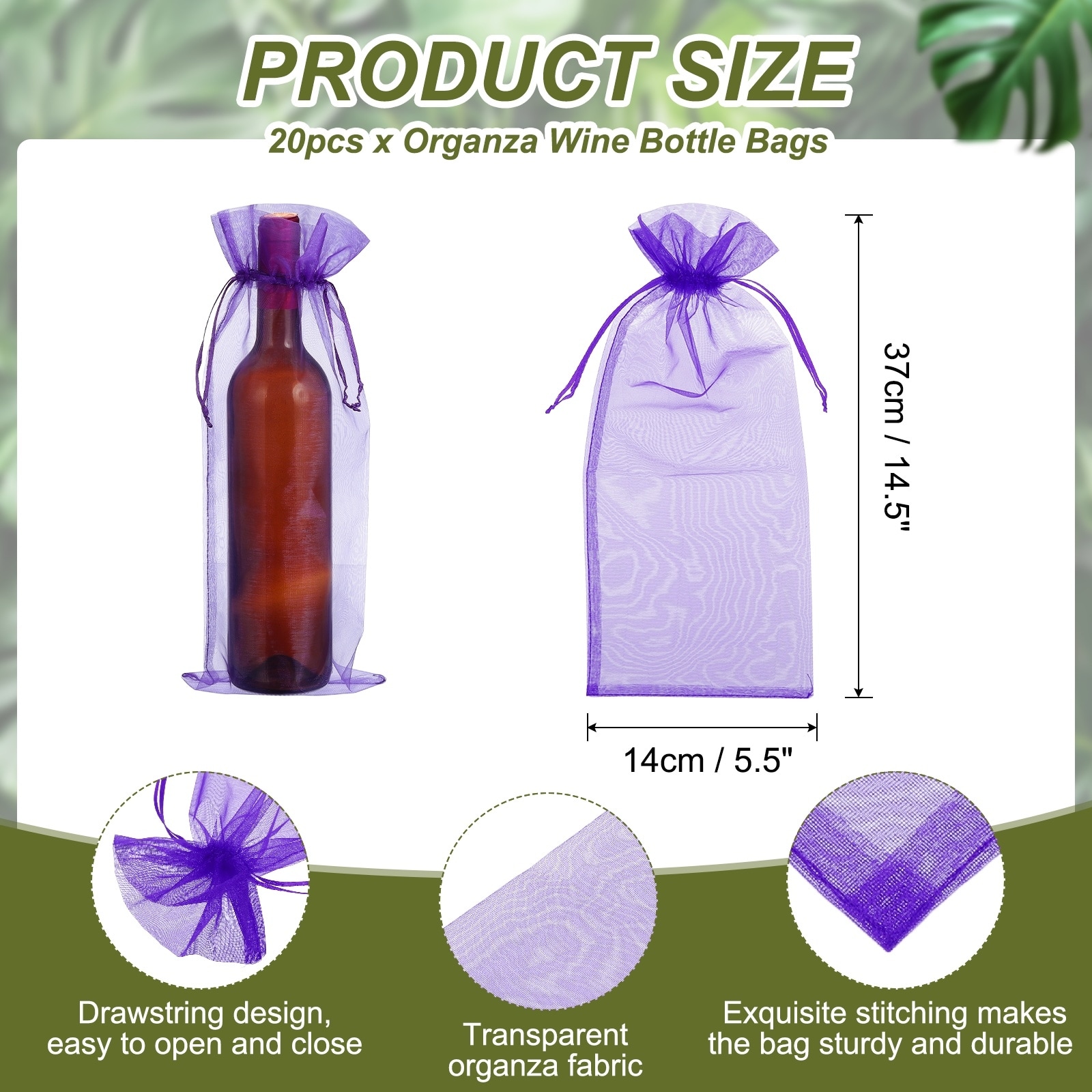 Organza Wine Bags, Drawstring Organza Bottle Gift Bags Sheer Wine Wrapping Bag for Bottle Wrap Birthday - 14.5 x 5.5