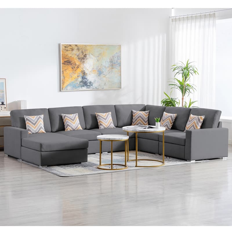 Linen Fabric 6 Piece Reversible Chaise Sectional Sofa with 6 Pillows and Interchangeable Legs