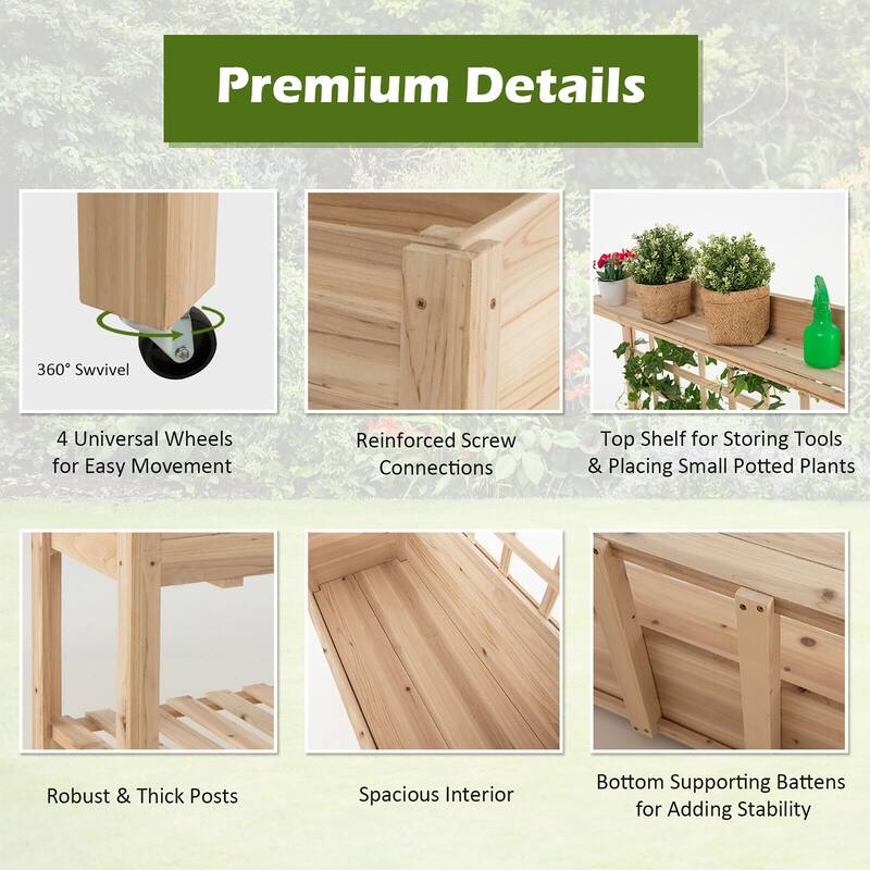 Gymax Raised Garden Bed Mobile Elevated Wooden Planter Box w/ Wheels