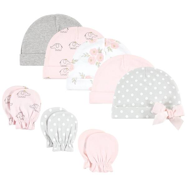 slide 1 of 1, Hudson Baby Infant Girl Cotton Cap and Scratch Mitten Set, Pink Gray Elephant, 0-6 Months - Pink Gray Elephant Pink Gray Elephant - 0-6 Months