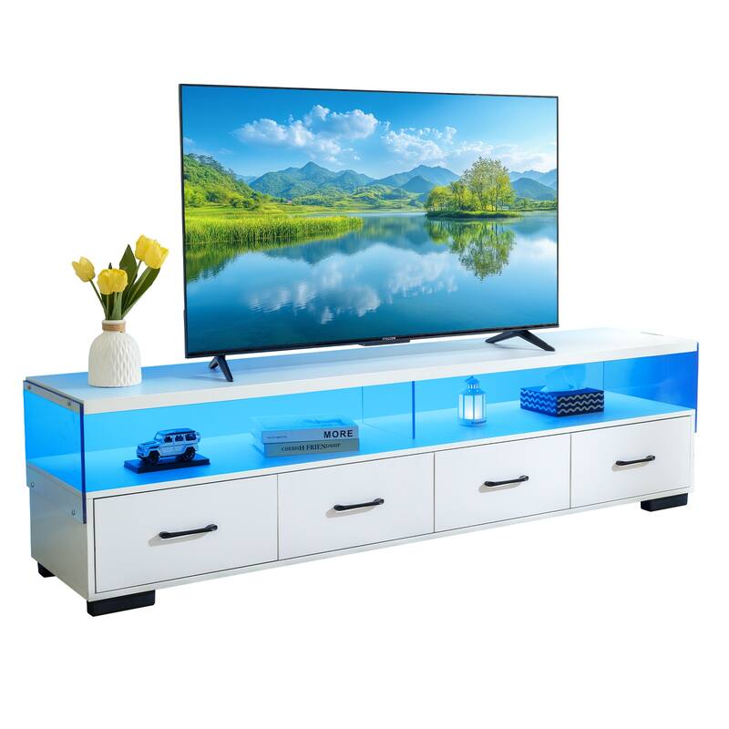 Modern TV Stand Entertainment Center for TVs up to 80" with 4-Drawer and 2 Open Shelves, for Living Room, White